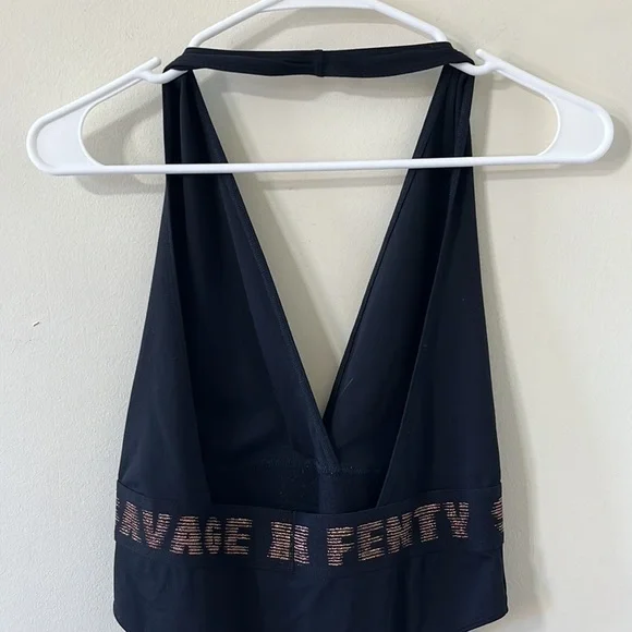 Savage X Fenty Rose Gold Logo Halter Plunge Bodysuit Black Caviar Size M - Picture 8 of 11